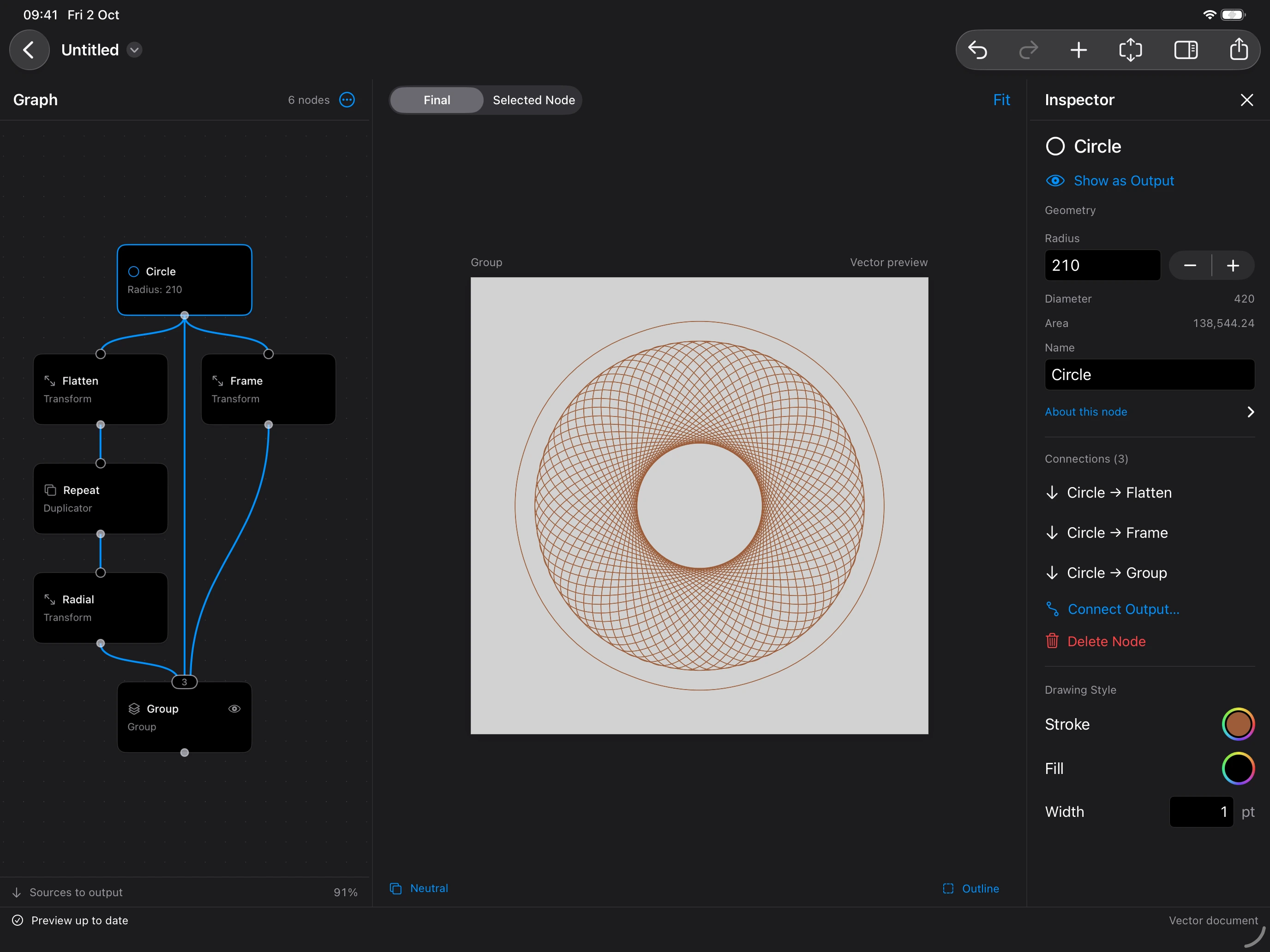 VectorFlow on iPad: a circle branches through transforms and a repeater, combines in a Group, and produces a circular line pattern beside the Circle inspector.